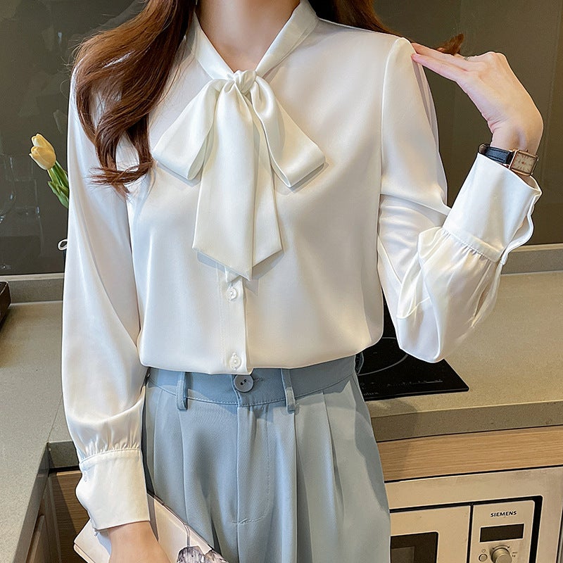 Real S Of 2025 Autum White Ribbon Shirt For Women Satin Long-Sleeved Draped Work Clothing Versatile Fashionable Foreign Style Top For Women - Image 4